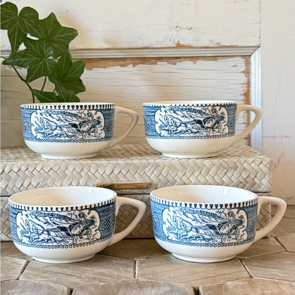 Vintage CURRIER AND IVES "Blue" Royal China Coffee/Tea Cups, SET/4 - Picture 2 of 7